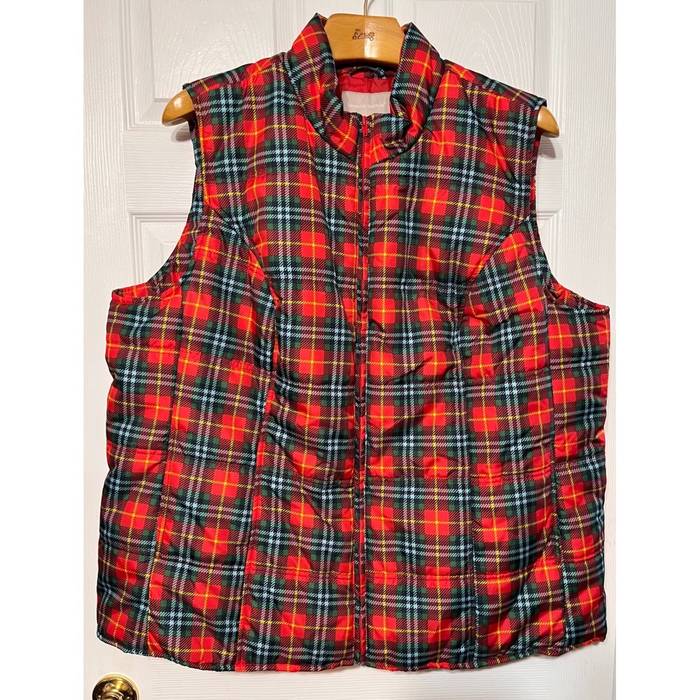 Woman Within Womens Plaid Puffer Vest Red Green Blue Yellow Zip Front 2X (26/28)